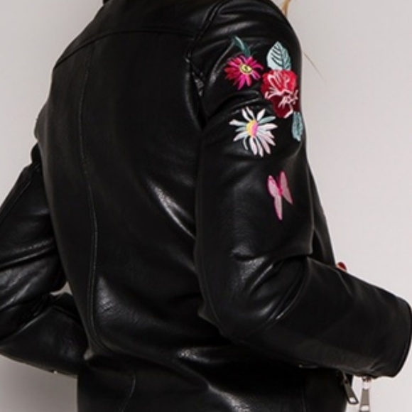 BLACK LEATHER JACKET EMBROIDERED JACKET VEGAN - Picture 2 of 4